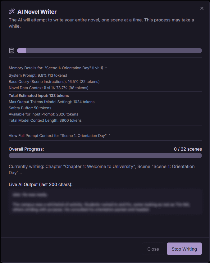 AI Novel Writer Interface (Dark)